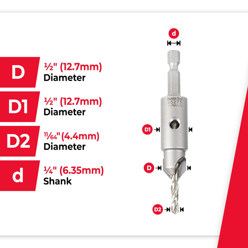 Amana Tool Carbide Tipped 82 Degree Countersink Drill Bit, 55275, 1/2 Dia x 11/64 Drill D x 1/4 Inch Quick Release Hex Shank for Tool 55240