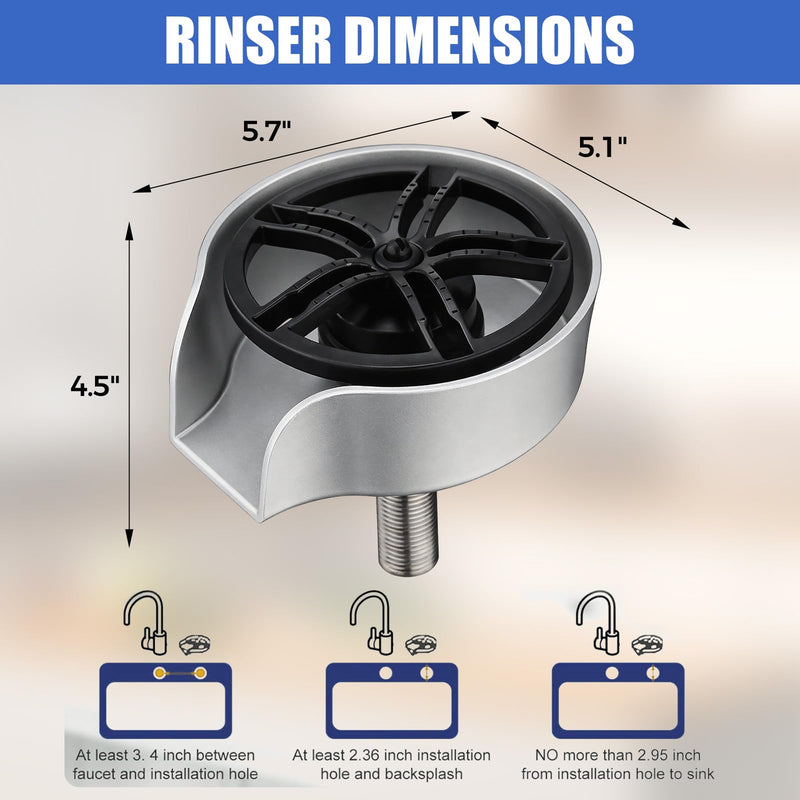 Glass Rinser for Kitchen Sink, High Pressure 360 Degree Rotating Glass Rinser with Pull-Out Spray Gun, Cup Washer Kitchen Sink Attachment Silver