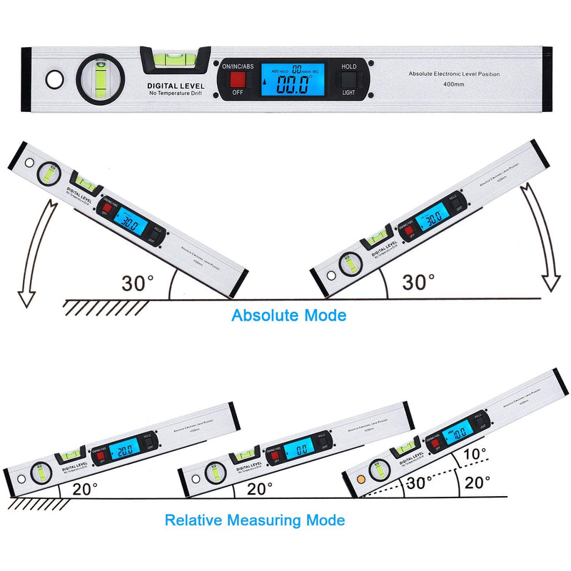 16-inch Digital Spirit Level and Protractor, Torpedo Level, Inclinometer Angle Gauge Finder Bubbles Magnetic Base with Backlight Silver