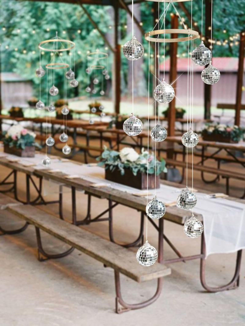 Disco Ball Mobile Spiral Spinner Ball 32 Inch Height with Bamboo Circle for Indoor Outdoor Yard Garden Patio Home Decoration and Party Weding Festival Birthday two circls