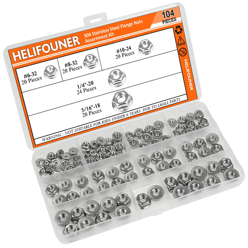 104 Pieces 5 Sizes Flange Nuts, Serrated Flange Hex Lock Nuts Assortment Kit, 304 Stainless Steel (#6-32#8-32#10-24 1/4"-20 5/16"-18) 104 Pieces 5 Sizes