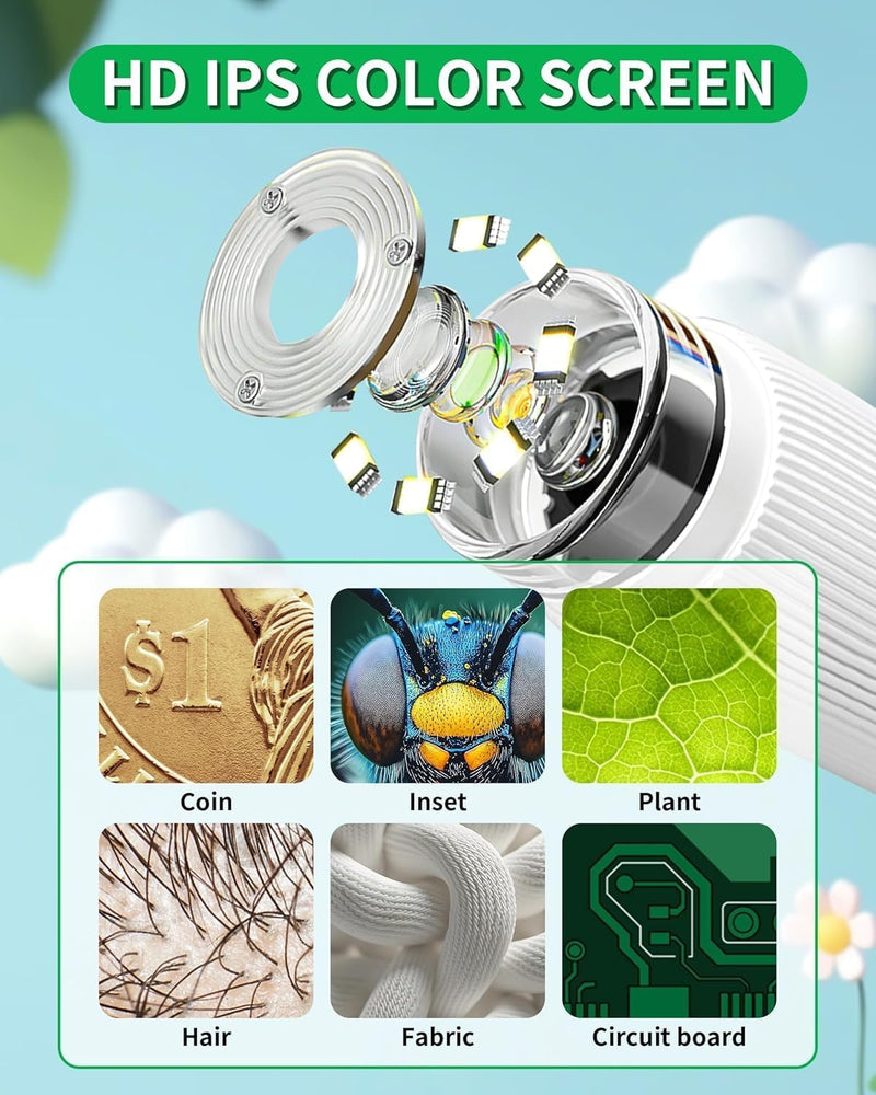 Digital Microscope Handheld 2.0 inch IPS Color Screen,Portable Digital Magnifying Glass 1000x,Marco Microscopes,uilt-in 8LED Lights,USB Compatible with PC Windows, Mac OS