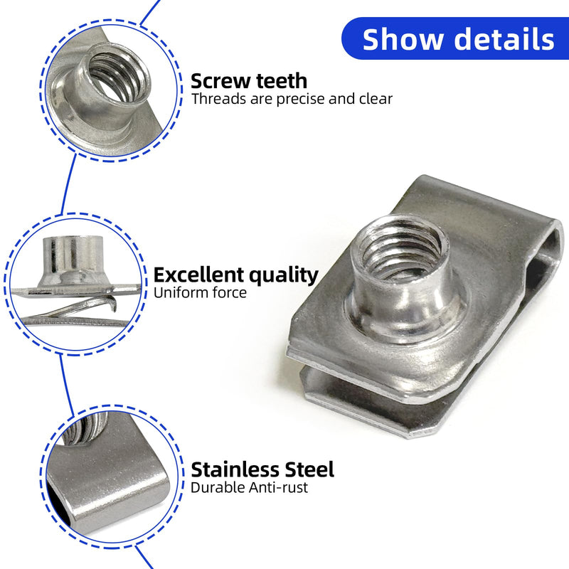 M6 U-Style Clip-On Nut, U-Type Stainless Steel 18-8 (304) Regular Extruded U-Nut, Pack of 50 M6 304 Stainless Steel