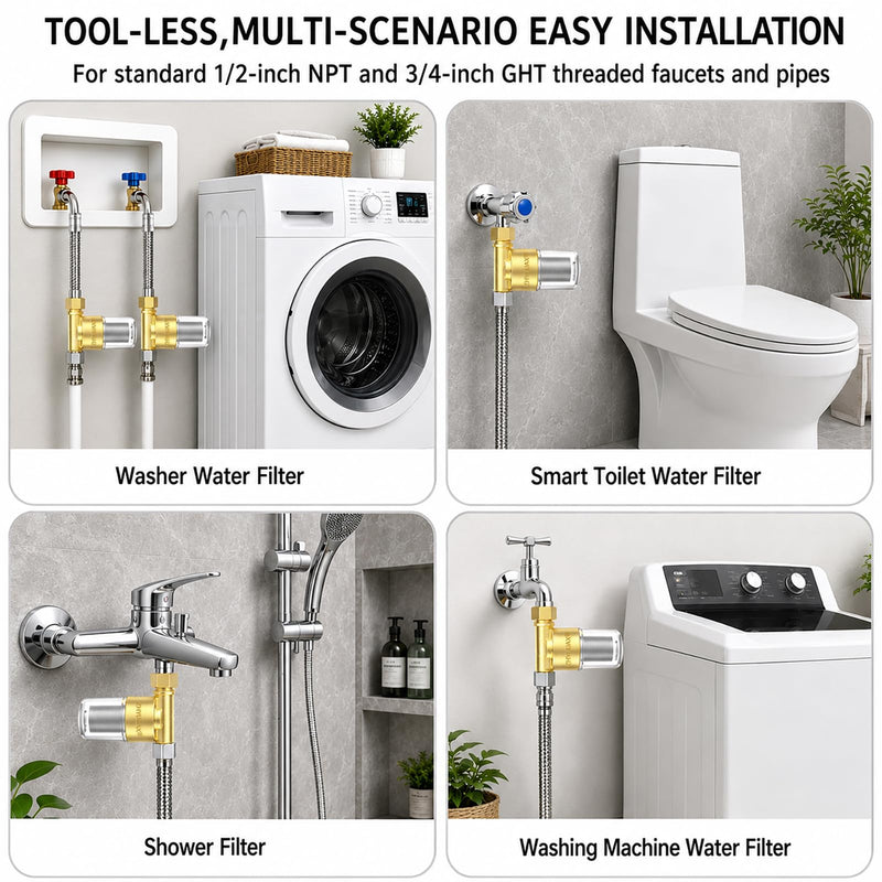 YH01 Reusable Washing Machine Water Filter, 40 Micron Brass Sediment Filter, for Washer, Heater, Garden, Protecting Appliances, Reduces Clothes Yellowing, Anti Scale Shower Filter