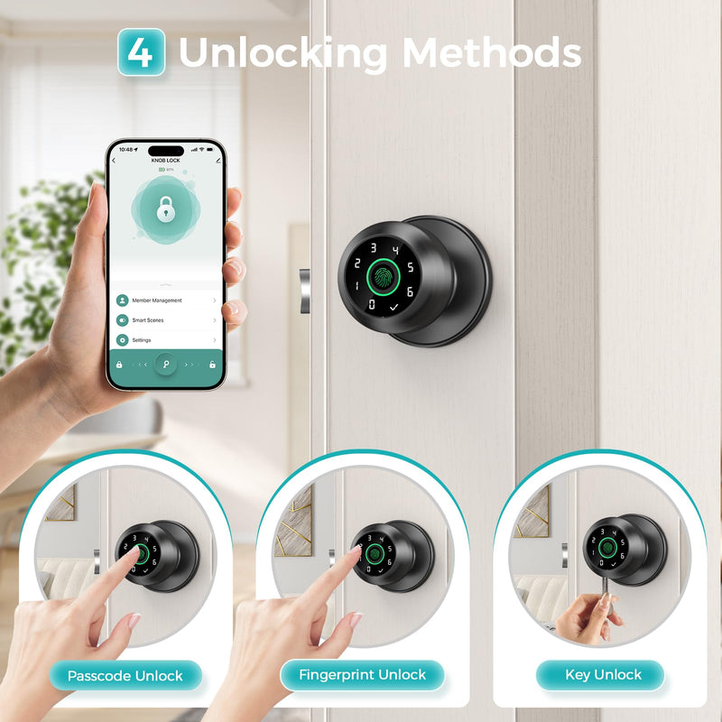 Fingerprint Door Lock，Fingerprint and Keypad Input Smart Door knob, App Controlled Biometric Door Lock, Keyless Entry, Bedroom, Office, Hotel, Apartment Auto Door knob (Black) Metallic Black