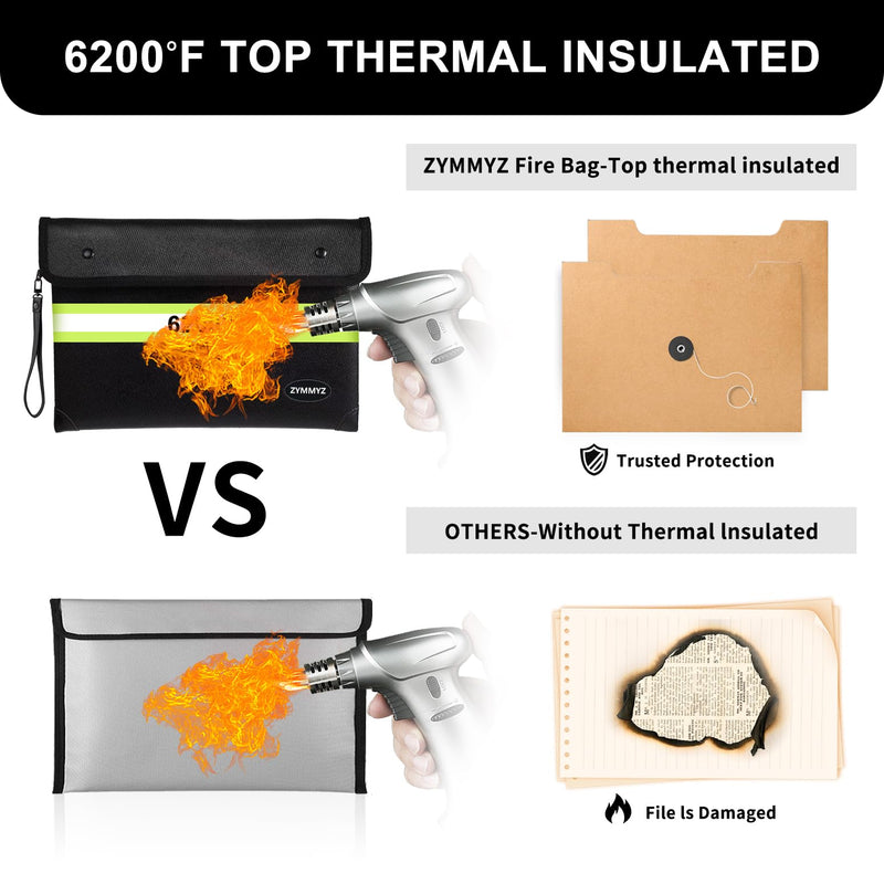 Upgraded Insulated Fire Proof Money Bag for Cash,6200℉ Fireproof and Waterproof Document Pouch with Water Resistant Zipper,Fireproof Envelopes for Important Documents,Valuables Black Medium Size