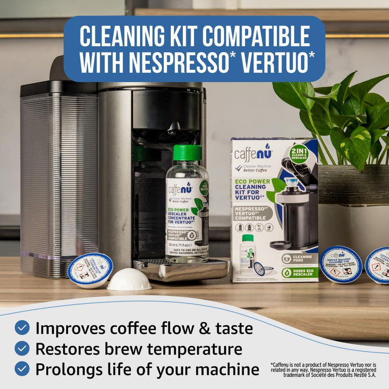Caffenu Descaling Kit Compatible with Nespresso Vertuo, 2 Uses Descaling Solution and 6 Cleaner Pods. Removes Limescale & Cleans Pod Area. Better Tasting & Hotter Coffee. 4 Months Supply.