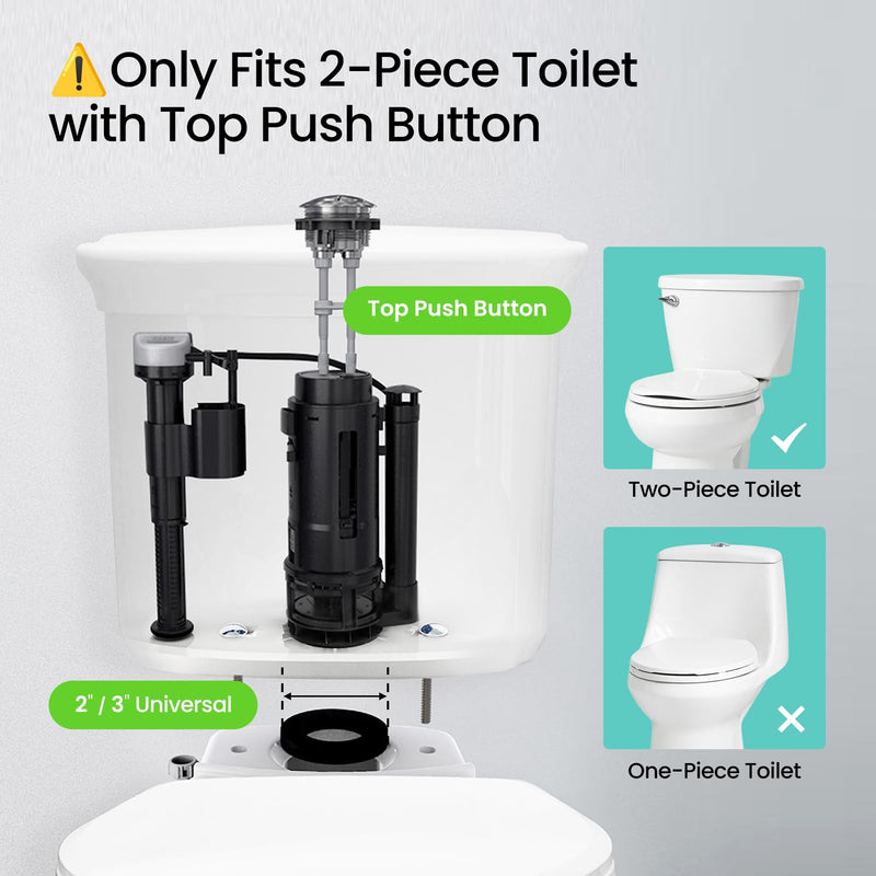 R&T Universal Dual Flush Valve for 2-piece Toilet with Top Push Button Toilet Repair Kit Inside Tank Compatible with 3-Inch and 2-Inch Toilet Drain Outlet A2422U 3-lnch Drain Outlet(Add 2" Converter）