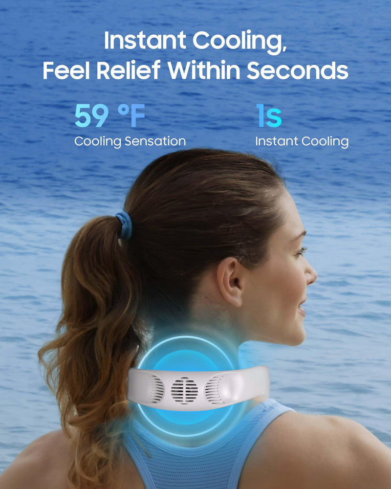 HIGO Neck Fan with Cooling Plate, Neck Air Conditioner, 2-in-1 Cooling Neck Fan Portable Rechargeable, Wearable Personal Fan, 4400mAh Large Battery, Ergonomic Design, White