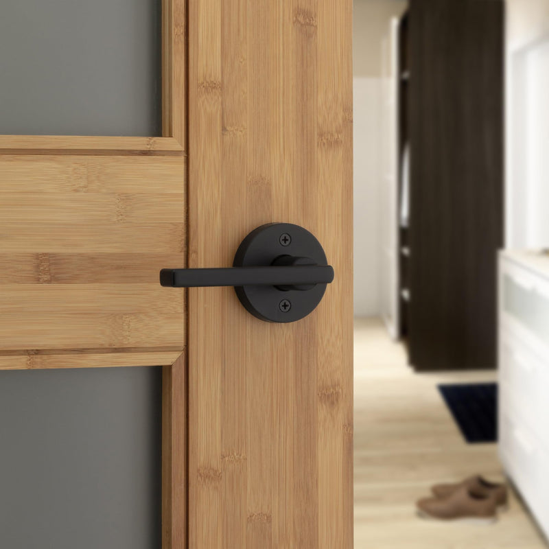 Kwikset Halifax Interior Privacy Door Handle with Lock, Round Lever for Bathroom and Bedroom, Matte Black Reversible Keyless Push Button Lock Door Lever, with Microban Protection 1 Pack