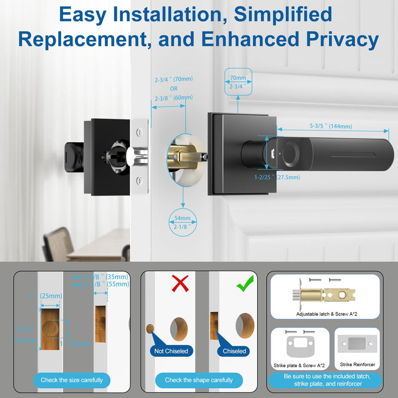 Fingerprint Door Lock & Biometric Door Knob with App – 3-in-1 Keyless Entry Smart Door Lock with Auto-Lock & Interior Lockable, Secure Your Home, Office, Bedroom & Apartment Black