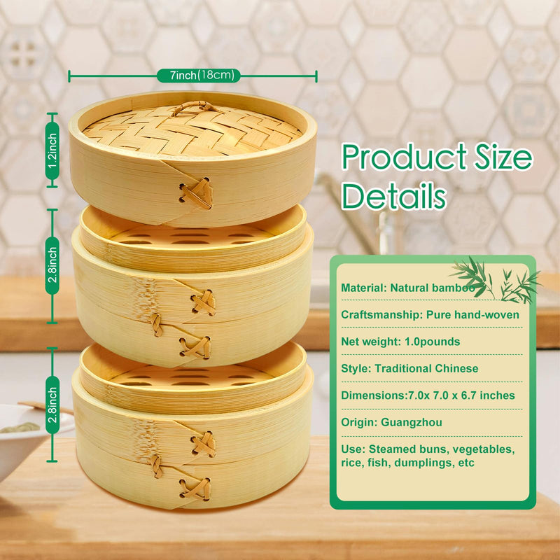 Small Bamboo Steamer for Steamed Buns, Bamboo Steamer 6 inch to 8 inch，2-Tier Bamboo Steamer Basket, Used for Steaming Buns, Rice, Dumplings, Vegetable Steamer Basket (Natural Bamboo) (7" Bamboo Steamer) 7" Bamboo Steamer