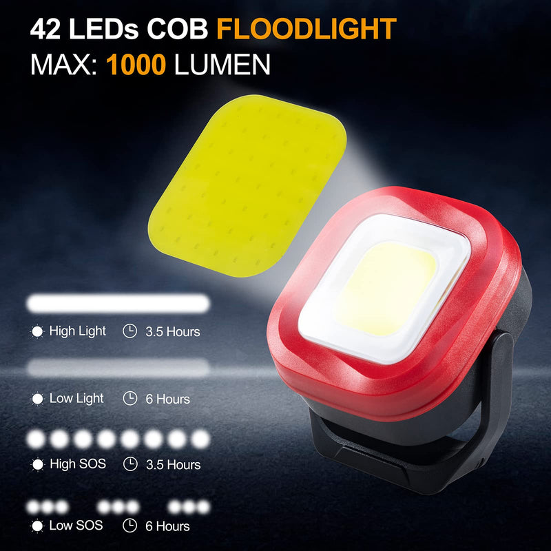 ORHOMELIFE Magnetic Work Light, 42 LEDs 1000 Lumens Rechargeable Portable Magnetic Flashlight Inspection Light for Car Repair, Camping, Emergency & Job Site Lighting (2 PCS) Black