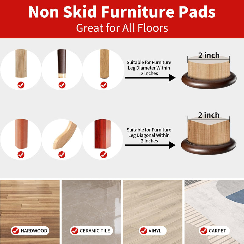 2” Non Slip Wood Furniture Coaster, 4 Pcs Anti Slip Furniture Pads for Hardwood Floors, Round Sofa Bed Couch Furniture Caster Cups with Anti-Slide EVA Pads Floor Protectors Anti-Scratch (Dark Brown) 2 inch