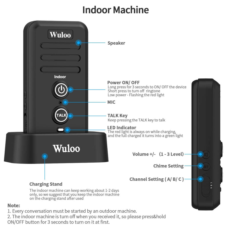 Wuloo Wireless Intercom Doorbells for Home Classroom, Intercomunicador Waterproof Electronic Doorbell Chime with 1/2 Mile Range 3 Volume Levels Rechargeable Battery (Black, 1&2) 1t2-black