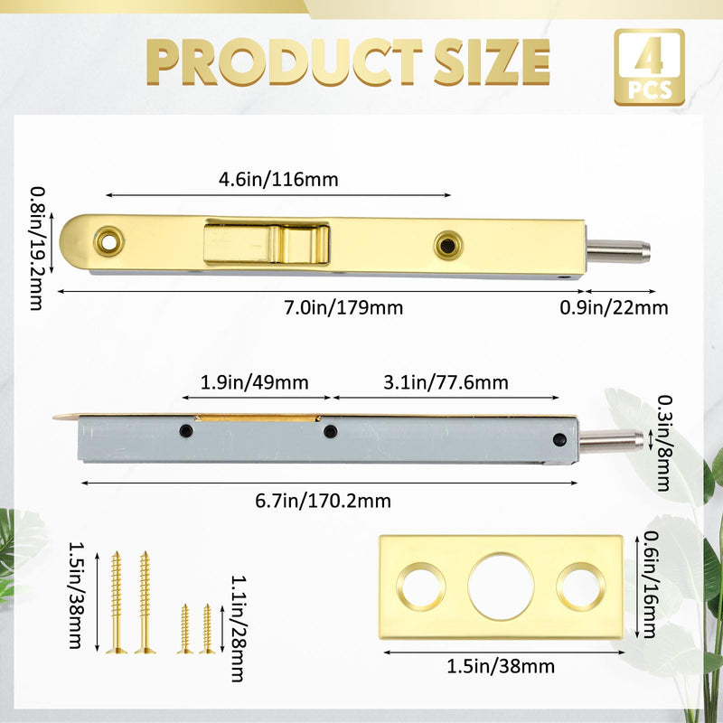 Hicarer 4 Pcs Flush Bolt for Double Door, 7 Inch French Door Latch Hardware Solid Brass Flush Bolt Heavy Duty French Door Lock(Gold)