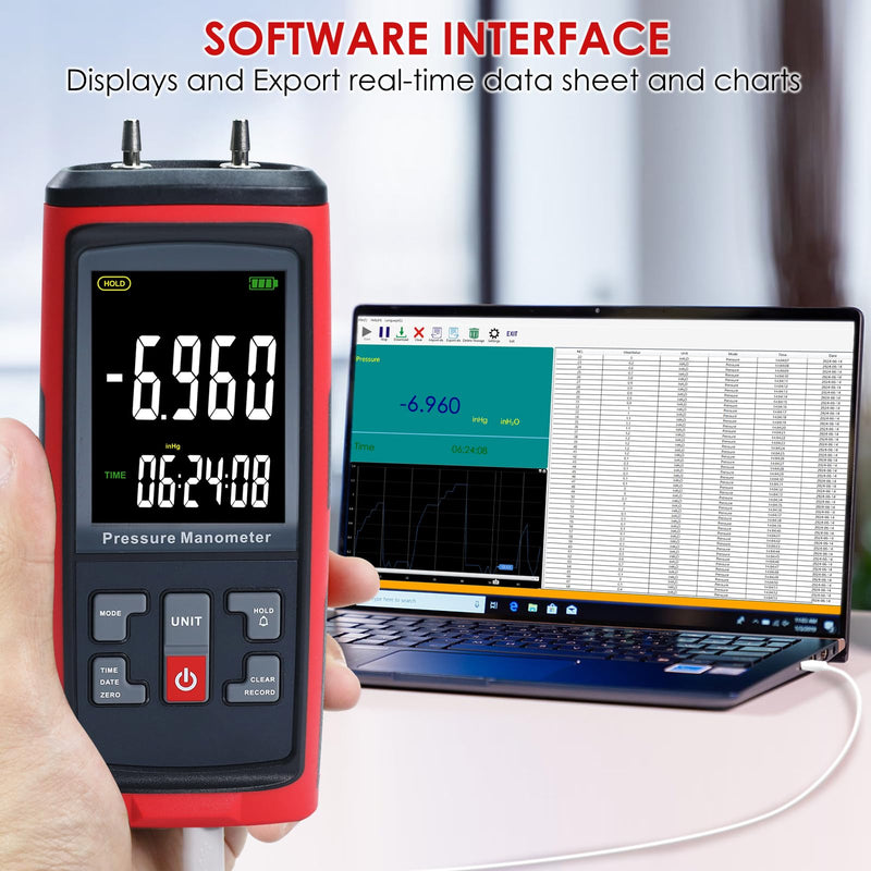 Manometer Data Logger Digital Manometer Gas Pressure Tester with ±200 inH2O Measuring Range, Differential Pressure Gauge 13 Selectable Units Manometer HVAC with Large LCD Screen