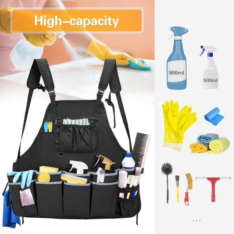 Large Cleaning Apron with Dual Shoulder Straps, House Cleaning Apron with Multiple Pockets for Housekeeping Work Supplies, Water-resistant Cleaning Caddy Apron for Women & Men (Apron Only)