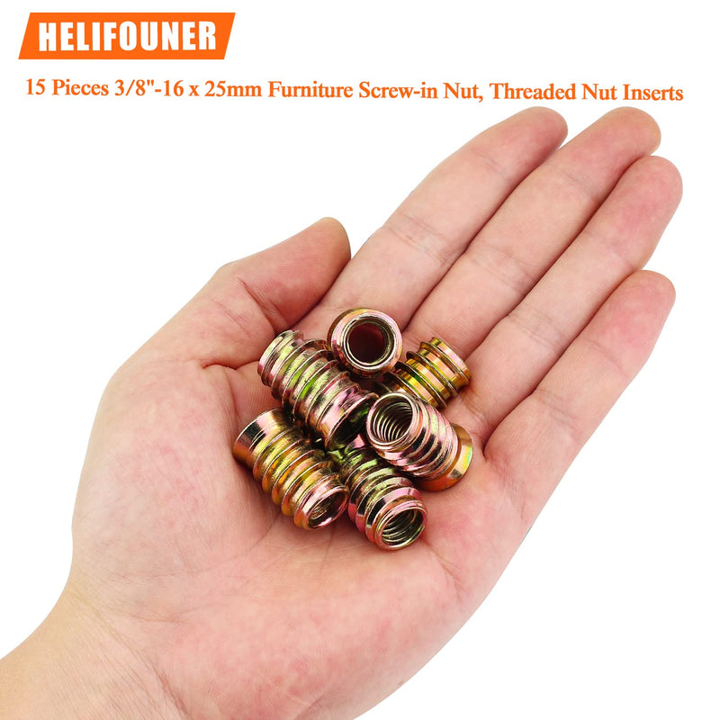 3/8-16 Threaded Inserts, Wood Inserts, Steel Threaded Inserts for Wood Furniture Screw, HELIFOUNER 15 Pieces 3/8”-16 x 25mm Threaded Inserts with Hex Wrench for Wood Furniture 3/8"-16 x 25mm