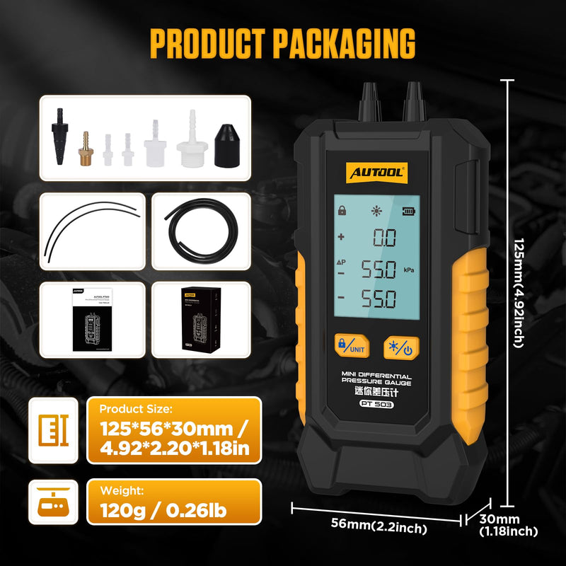 AUTOOL PT503 Mini Differential Pressure Gauge, Manometer Gas Pressure Tester with Dual Port Manometer, HVAC Gas & Air Pressure Tester, -101 to 200 kPa Range,6 Units, Digital Manometer with Data Lock