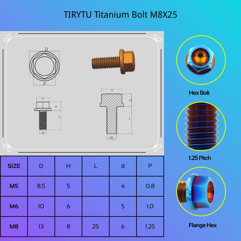 6PC Titanium Flange Hex Bolts M8X25mm, Lightweight Design, Ideal for Humid/Salty Environments, Flanged Screws for Automotive & Motorcycle Components Upgrade, Burnt Blue M8X25