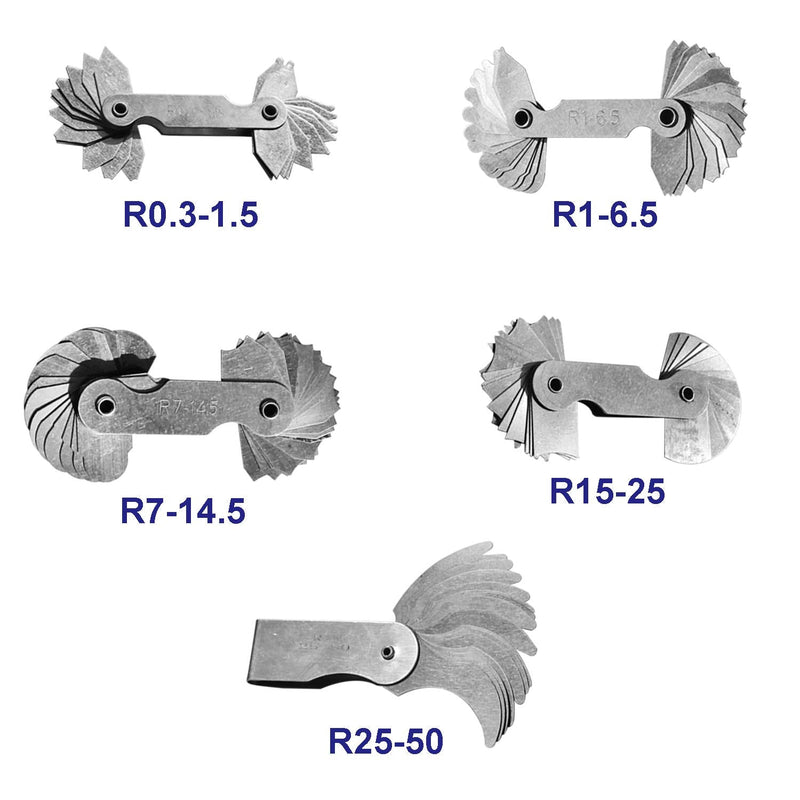 5Pcs Stainless Steel Radius Gauge, Portable Concave Convex External Internal Arc Measuring Tool Radius Fillet Gauge Set R0.3-1.5mm/ R1-6.5mm/ R7-14.5mm/ R15-25mm/ R25-50mm