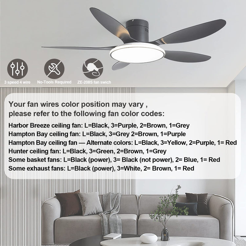 with 4 Pre-Installed Wires Ceiling Fan Switch 3 Speed 4 Wire, ZE-208s Zing Ear E89885 Fan Pull Chain Switch, Brass Chain