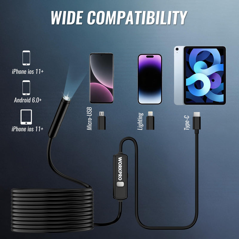 WORKPRO 16.4FT Industrial Endoscope Camera, 1920P HD Semi Rigid Snake Borescope with 8 Adjustable LED Lights, Inspection Camera for iOS and Android