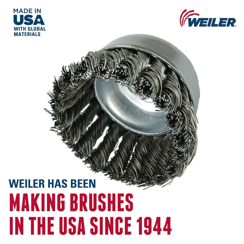 Weiler 13153 3-1/2" Single Row Knot Wire Cup Brush, .023" Steel Fill, 3/8"-24 UNF Nut, Made in the USA 3-1/2" Dia .023" Wire Size x 7/8" Trim Length