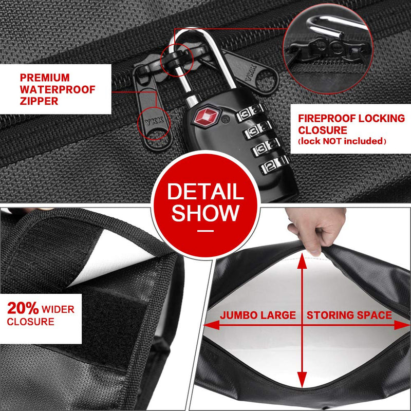 ROLOWAY Large (17 x 12 x 5.8 inches) Fireproof Bag, Water Resistant Fireproof Document Bag Safe for Money, Documents and Valuables Storage XX-Large + Small Black