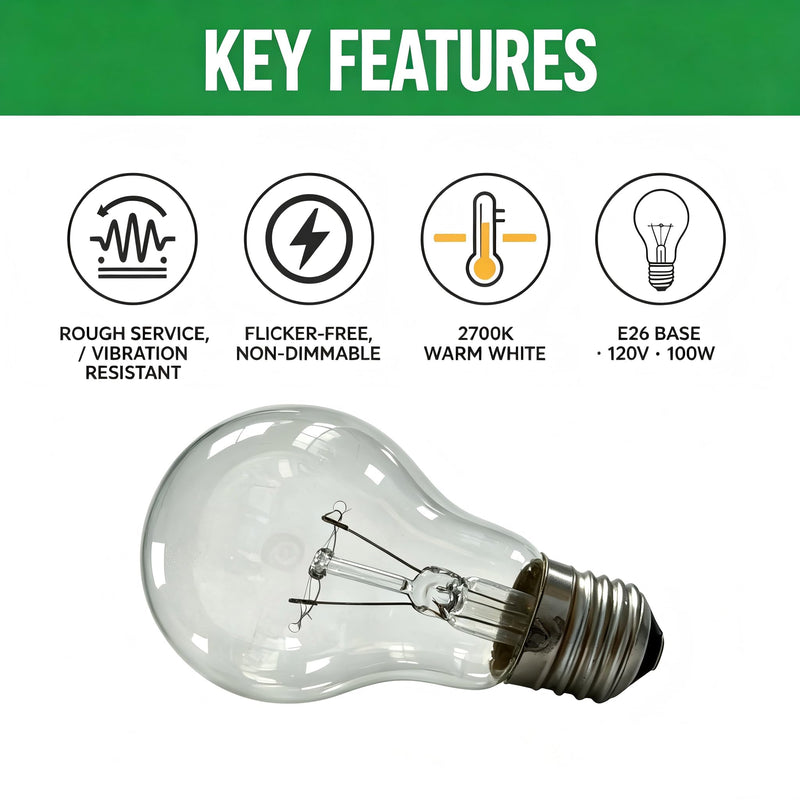 75W A19 Incandescent Light Bulbs E26 Rough Service Clear 6 Pack | Reinforced filament for ceiling fans & vibration fixtures. 2700K warm white, CRI 100, clear glass, flicker-free dimmable
