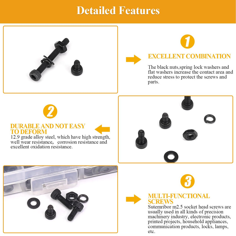 705 Pieces M2.5 Screws Nuts Washers Set Black, Sutemribor M2.5 x 4/6/8/10/12/16/20mm Hex Socket Head Cap Screws Nuts Washers Assortment Kit, 12.9 Grade Alloy Steel, Fully Threaded M2.5 Screws Kit
