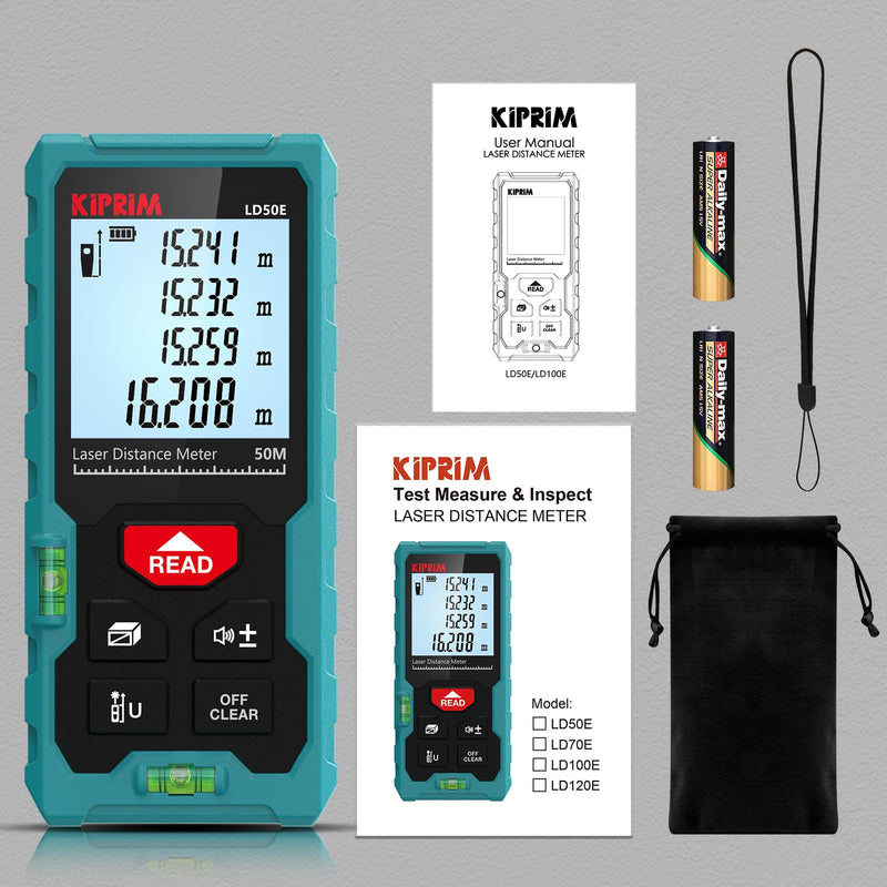 Kiprim Laser Distance Measure High Accuracy 165ft Kiprim LD50E Laser Tape Measure 50M Compact Laser Measurement Tool with Larger Backlit LCD Display,ft/m/in Switching,Bubble Level 165ft(LD50E)