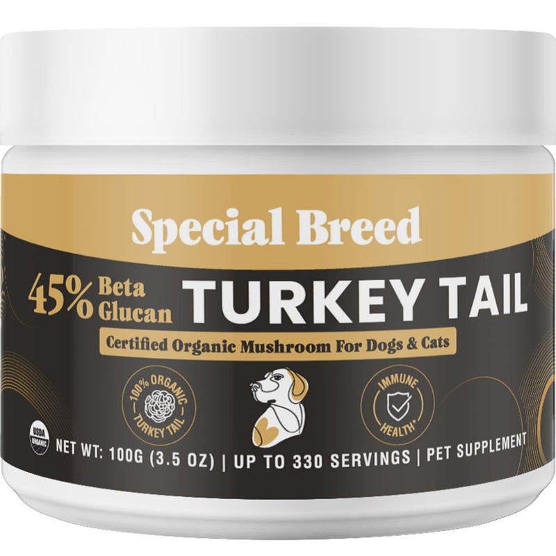 Organic Turkey Tail Mushroom for Dogs and Cats, 45% Beta Glucan Standardized, Hot Water Extracted Whole Fruiting Body, Third Party Tested, Immune and Gut Support, No Fillers, Made in USA, 330 ct 3.5oz