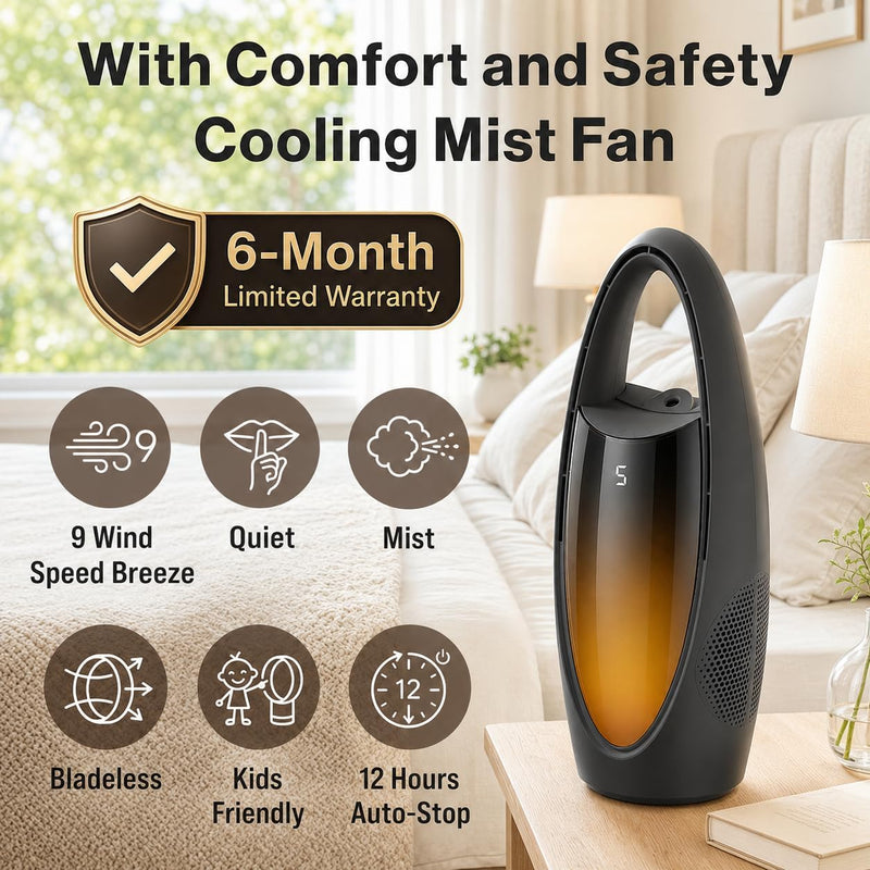 Japard Bladeless Misting Desk Fan 9-Speed Quiet Motor Office Lighting Black