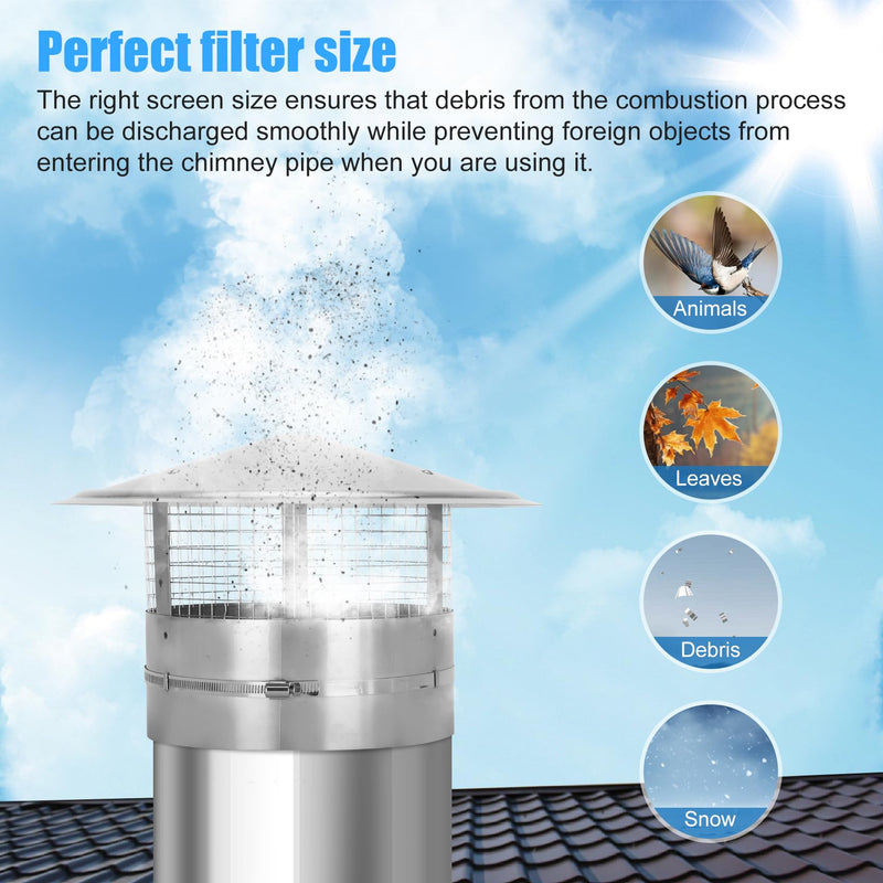 8Inch Chimney Cap,8 Inch Adjustable Stainless Steel Chimney Cap,304 Steel Round Rain Cover with Mesh Screen,Universal Cone Top Roof Cap for Wood/Oil Stove Vent,Weatherproof & Easy Installation,Silver Silver 8 INCH
