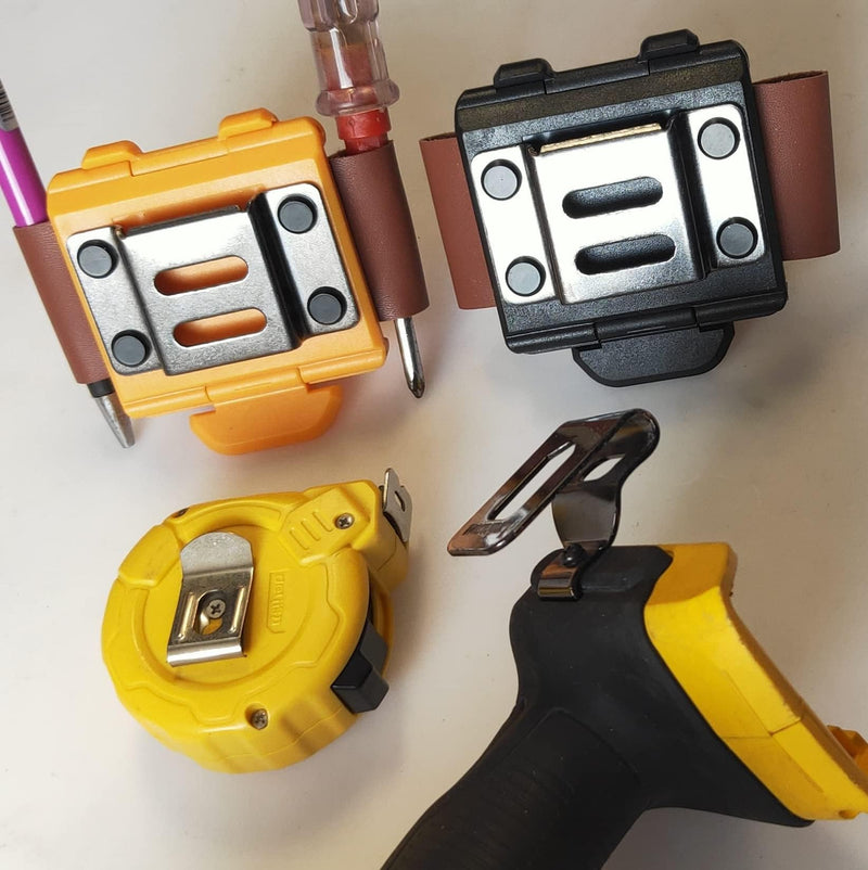 Tape Measure Holster with 4 Drill Clip, Tape Measure Holder Belt, Drill Holster Belt Clip, Drill Holster with Tool Belt Hook, Free Your Hands. Yellow Drill Holster + Leather Pen Holder + 4pcs Drill Bit Hook