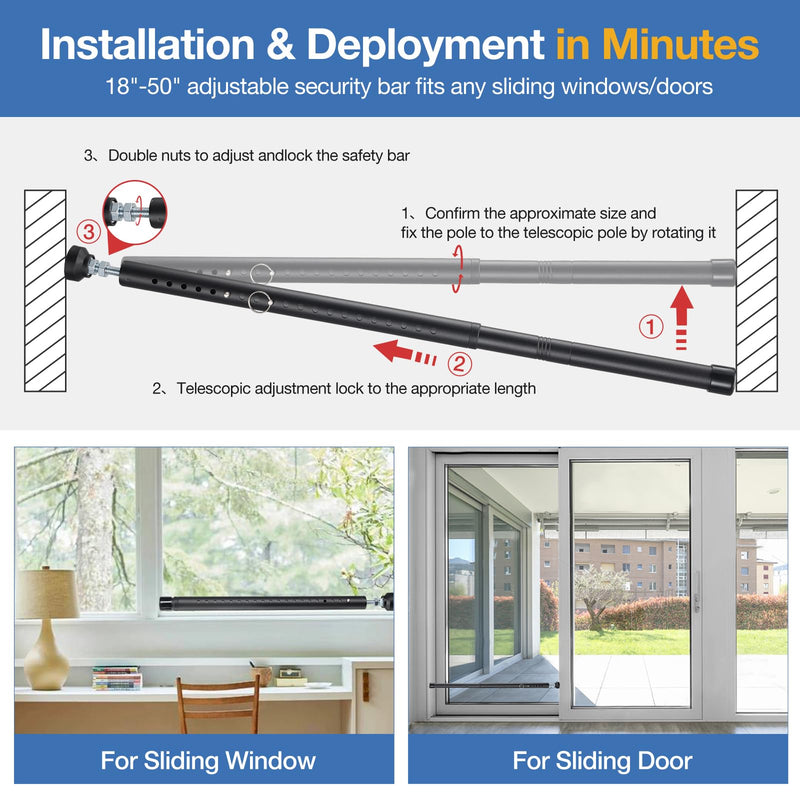 Sliding Door Security Bar, 3 Pack 18"-50" Adjustable Window Security Bars with Rubber Tips, Heavy Duty Door Jammer, Window Bars Security Inside, Window Lock Bar for Home Apartment Travel Patio (Black)