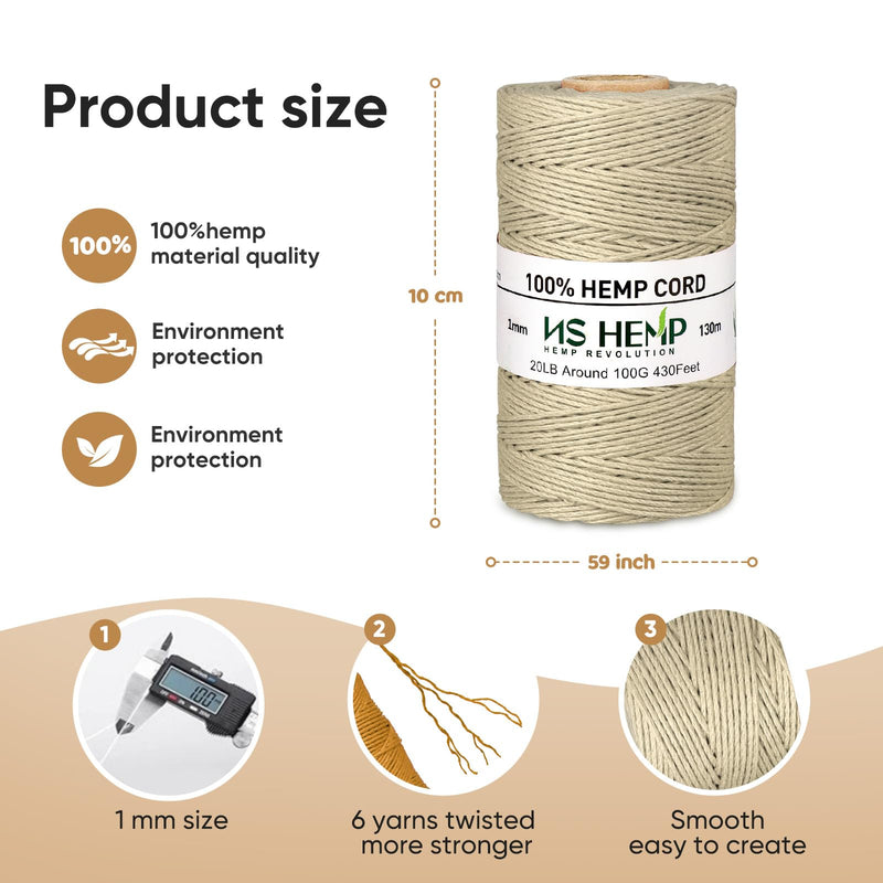 【 NS HEMP 】 Sustainable Hemp Twine Hemp Cord for Jewelry Making, Hemp Cord 1mm 130 Meters (026 RAW) 026 Raw