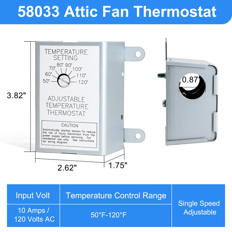 2 Pack Attic Fan Thermostat Control for Power Attic Ventilators and Exhaust Fans, 120V Adjustable Thermostat Switch Replace 58033 Single Speed Precise Temperature Controller 2 pack