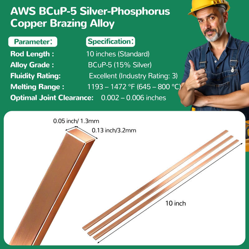 COCODE 40 Sticks 15% Silver Brazing Rods AWS BCuP-5 Silver Solder 0.050"x1/8"x10" Phosphorus Copper Brazing Alloy Flat Welding Rods for HVAC, Refrigerator, Cold Storage, Air Conditioning BCup-5: 40 PCS