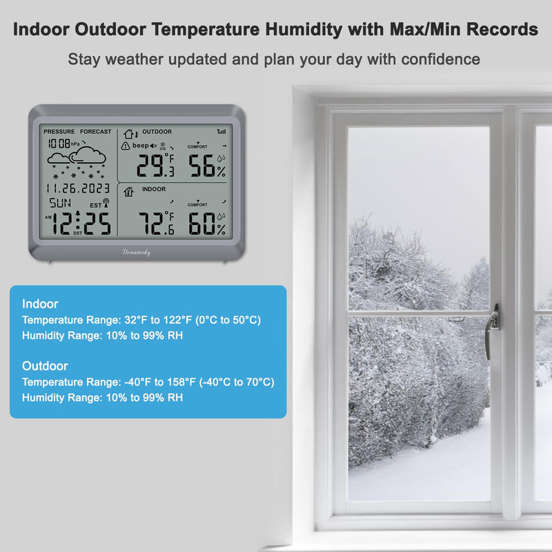 DreamSky Weather Station Indoor Outdoor Thermometer Wireless - Atomic Clock with Indoor/Outdoor Temp, Date & Day, Battery Powered, Home Weather Forecast Clock with Inside Outside Temperature Humidity Grey