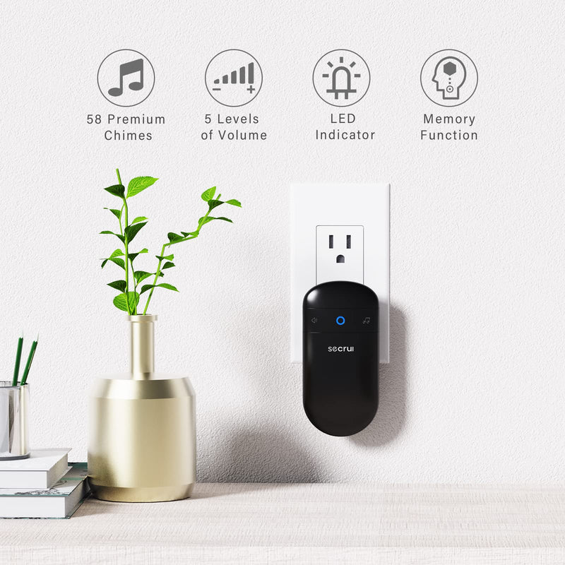 Wireless Doorbell, SECRUI Door bell Over 1000ft Coverage with 2 Plug-In Receivers, 1 Waterproof Push button, 52 Chimes, 110dB loud Sound Colorful LED Flash 2 Receivers 1 Push buttons Black