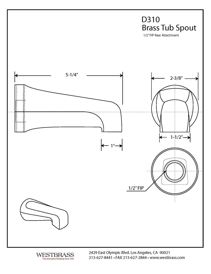 Westbrass D310-50 5-1/2" Reach Brass Wall Mount Tub Spout, Powder Coat White