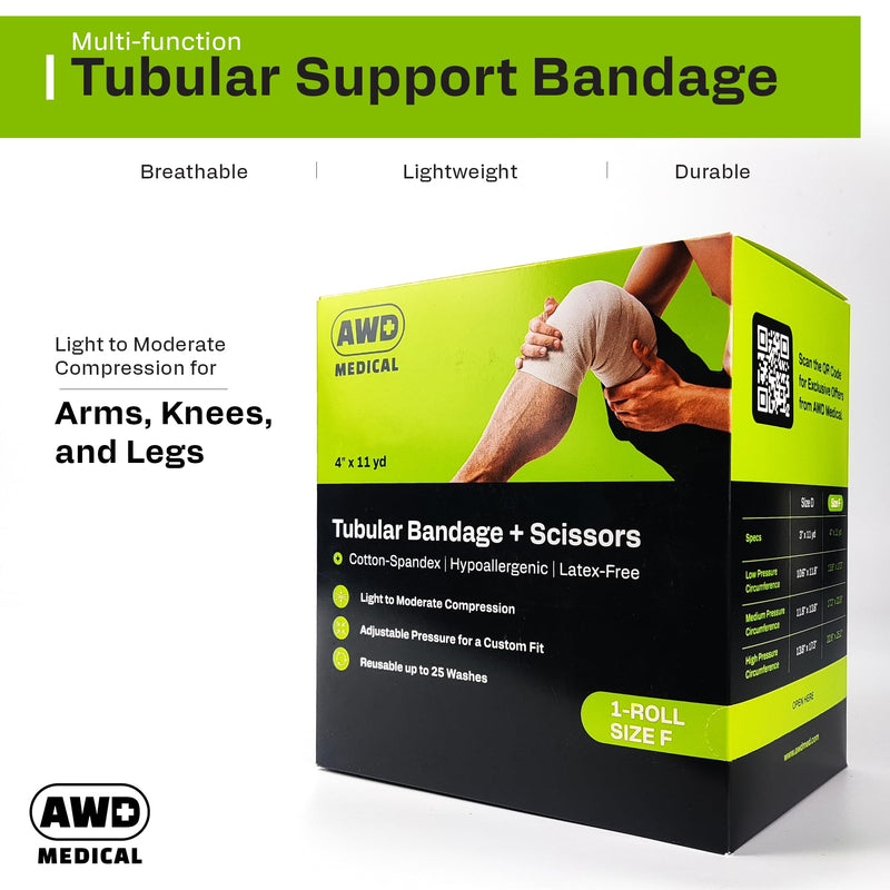 Elasticated Tubular Support Bandage - Reusable Compression Wrap for Joint Pain Relief - Stockinette Tubing for Large Knees/Medium Thigh - Off-White (Size F - 4 inches x 11 Yards) + Scissors Off White Size F - 4 Inch x 11 Yards