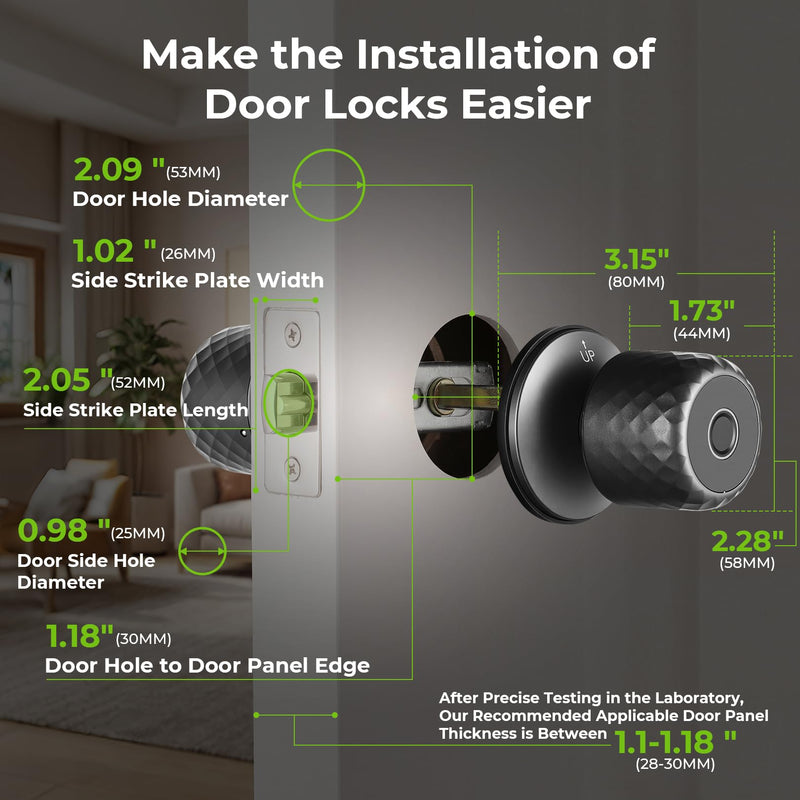 Smart Fingerprint Password Door Lock, Biometric Keyboard Door Knob Support 15M App Control & Auto Lock, 4-in-1 Rechargeable Door Lock with 2Keys for Home Office Apartment (Diameter 2.28"), Black