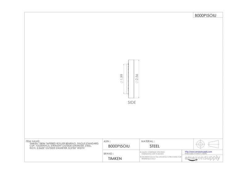 TIMKEN 13836 Tapered Roller Bearing, Single Cup, Standard Tolerance, Straight Outside Diameter, Steel 0.030" Max Housing Fillet Radius