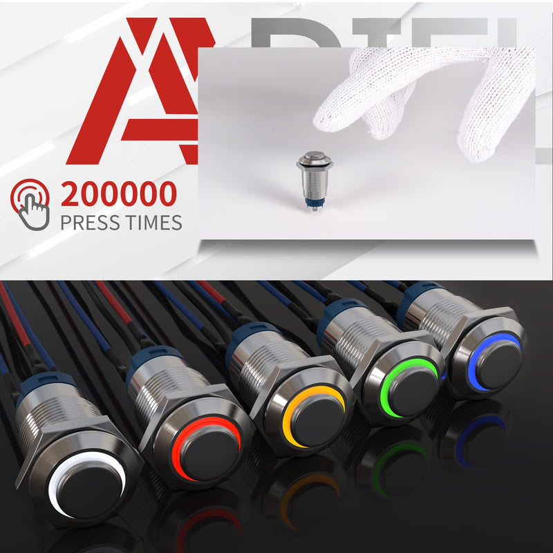 APIELE (Pcs of 2) 12mm Momentary Push Button Switch High Round Head Stainless Steel 1 Normally Open with Ring Led (Blue) Blue Silver Stainless Steel