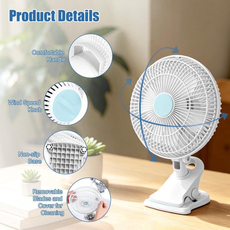 Clip On Fan, AC 110V 8.66inch Adjustable Clip Table Fan, Quiet Clamp Fan White