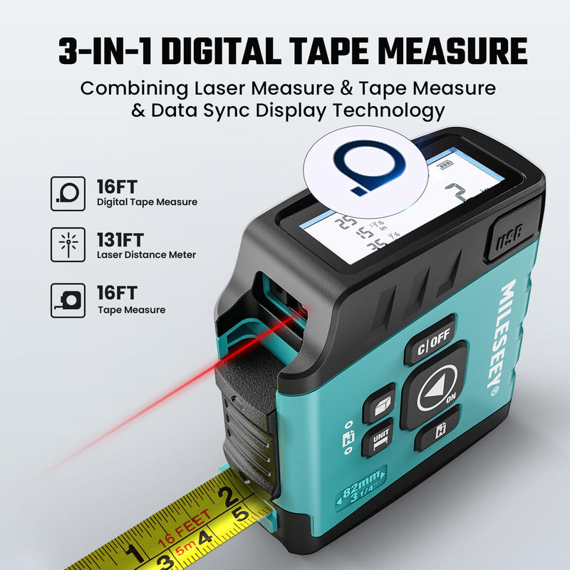 MiLESEEY DT20 Laser Tape Measure 3-in-1, 130FT Laser Distance Meter, 16FT Digital Tape Measure, Regular Tape Measure, Area Volume Measuring Pythagorean Mode, Waterproof and Rechargeable Non App
